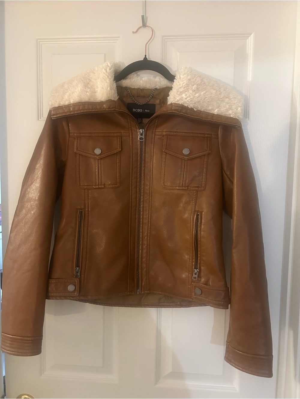 BCBG Tan Faux-Leather Moto Jacket with Cream Sherpa Collar - Picture 15 of 15